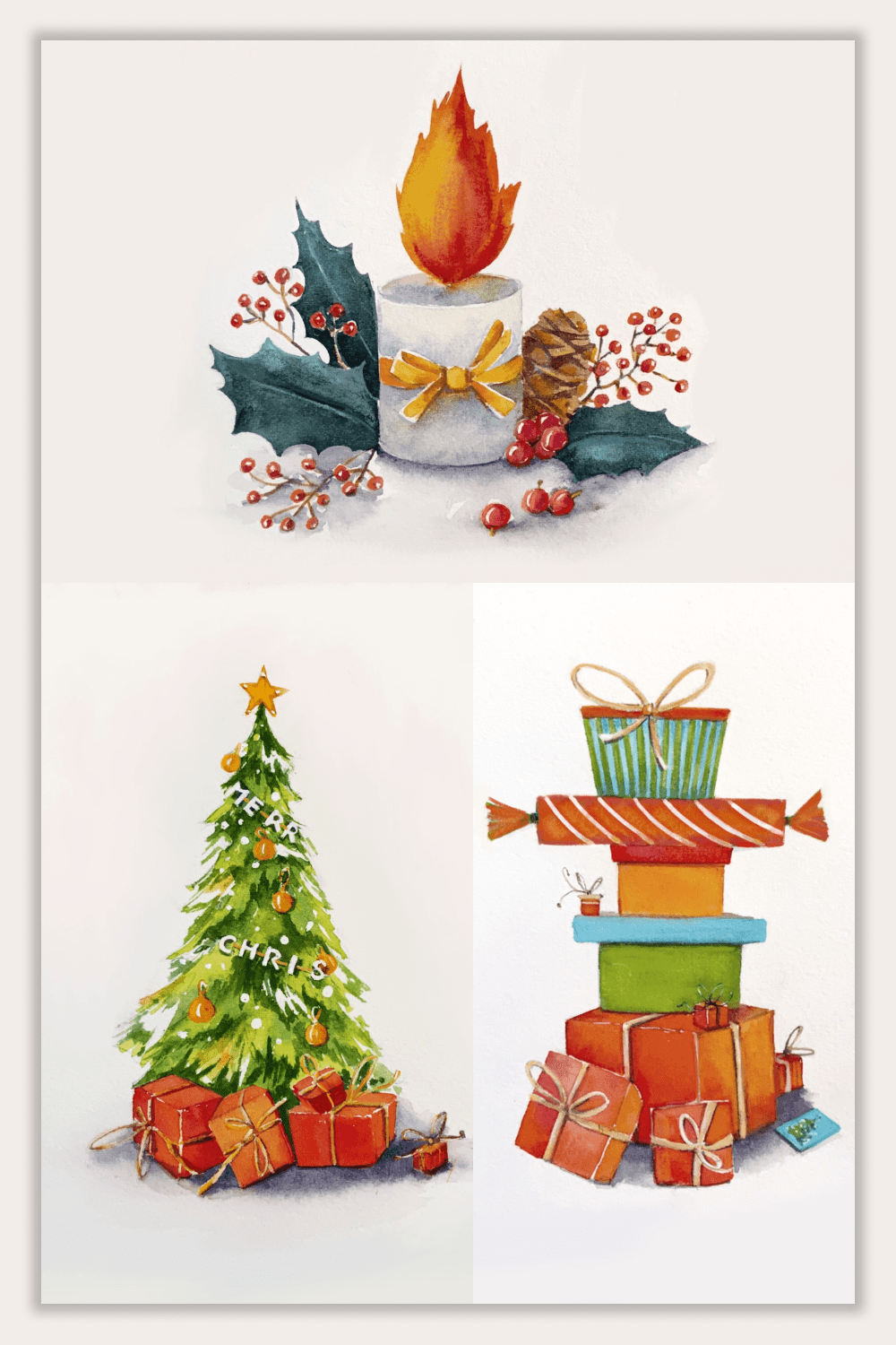 Collage with painted Christmas tree with gifts, candles, stack of gifts.