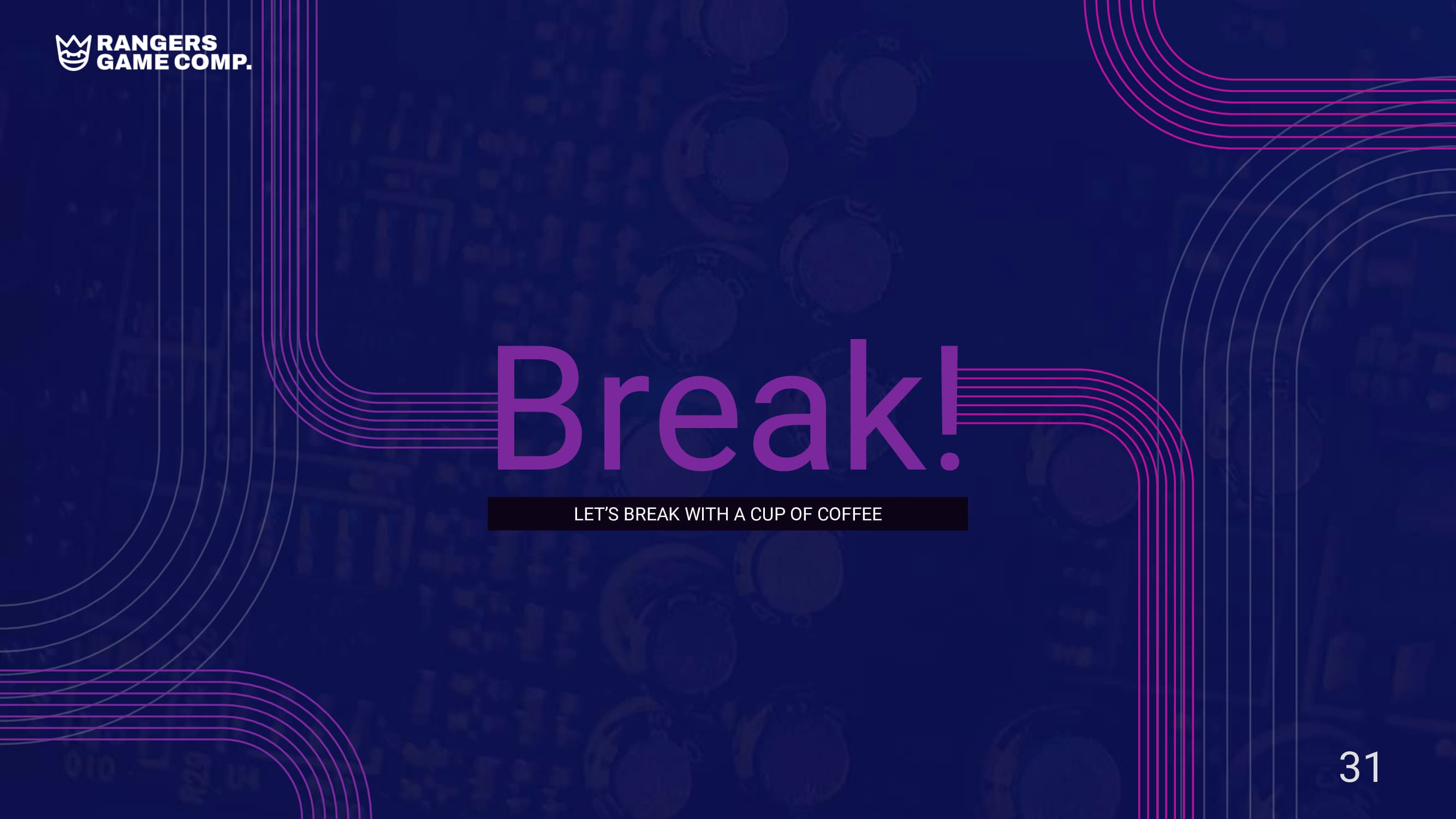 Purpe lettering "Break!" on a blue background.