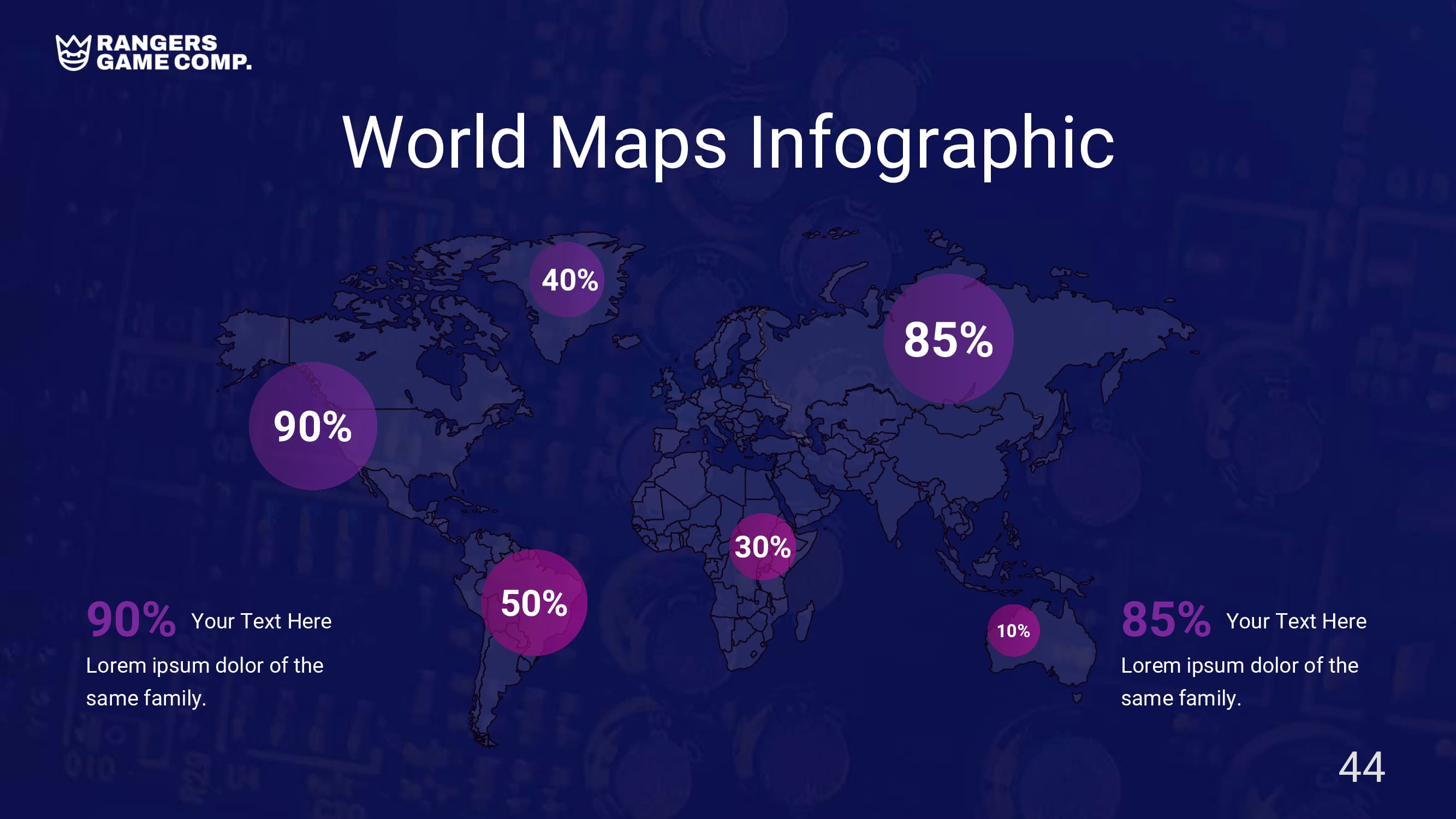 World map infographic slide with neon percentage elements.