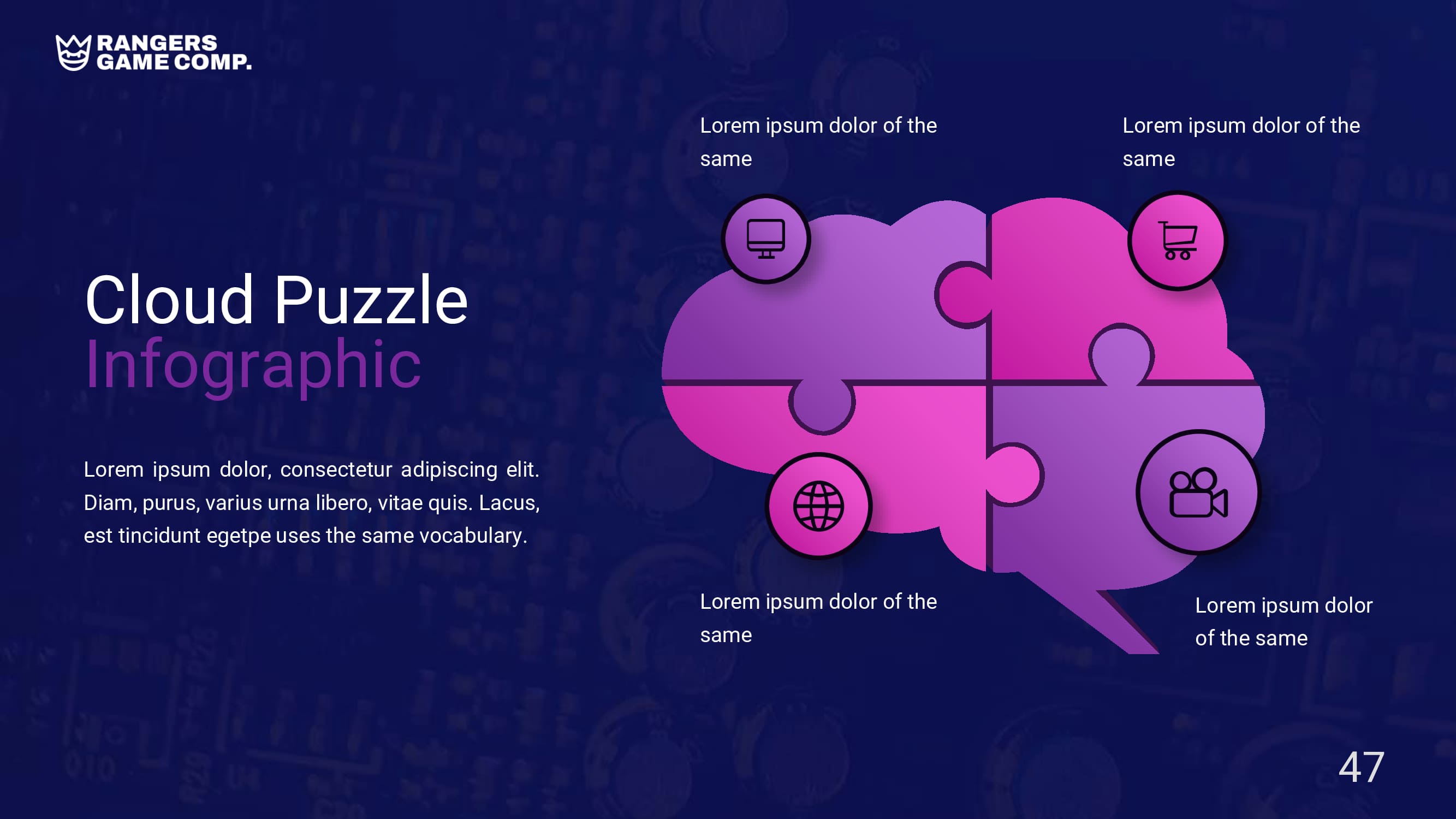 Pink and purple cloud puzzle infographic slide.