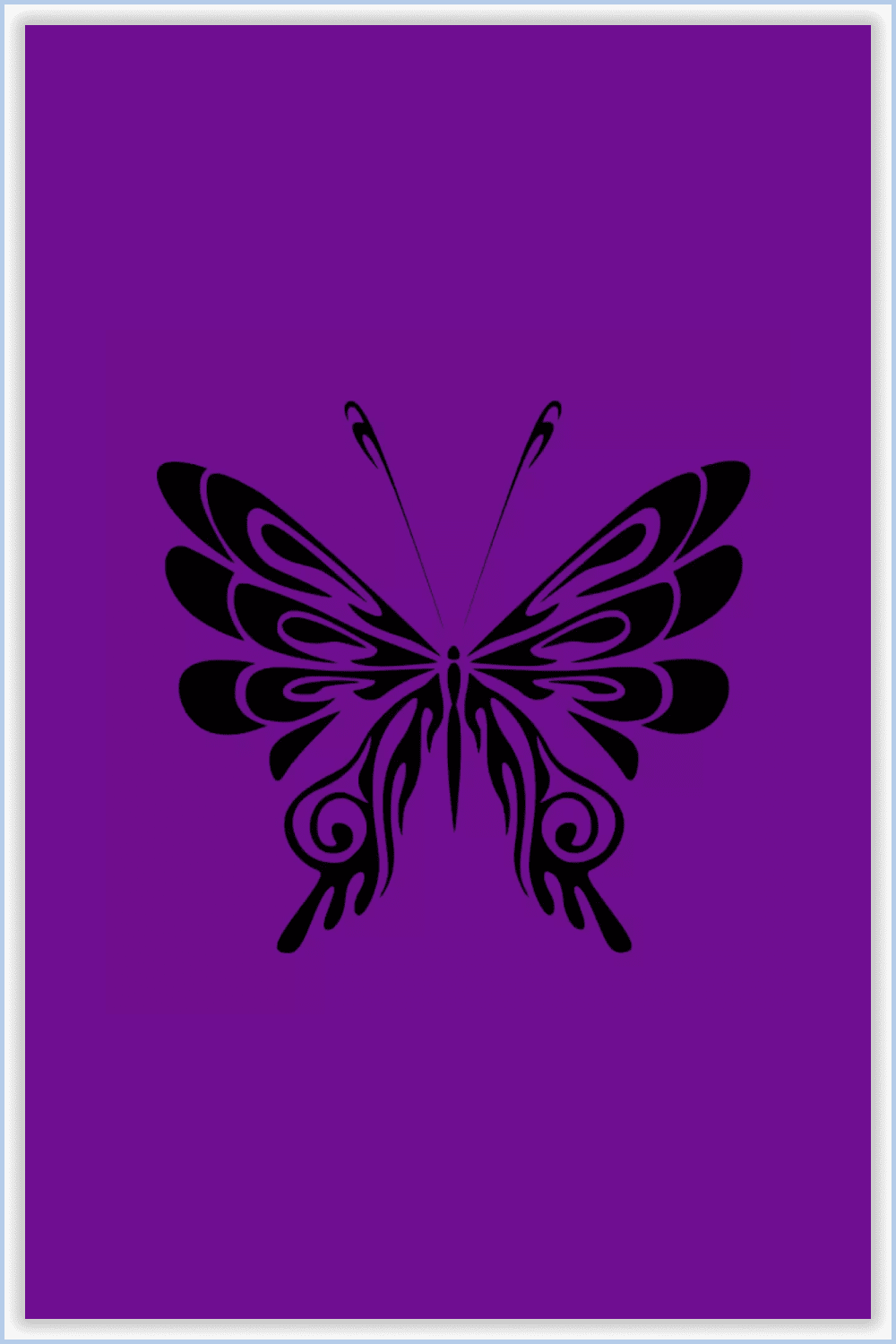 Black silhouette of a butterfly with long whiskers on a purple background.