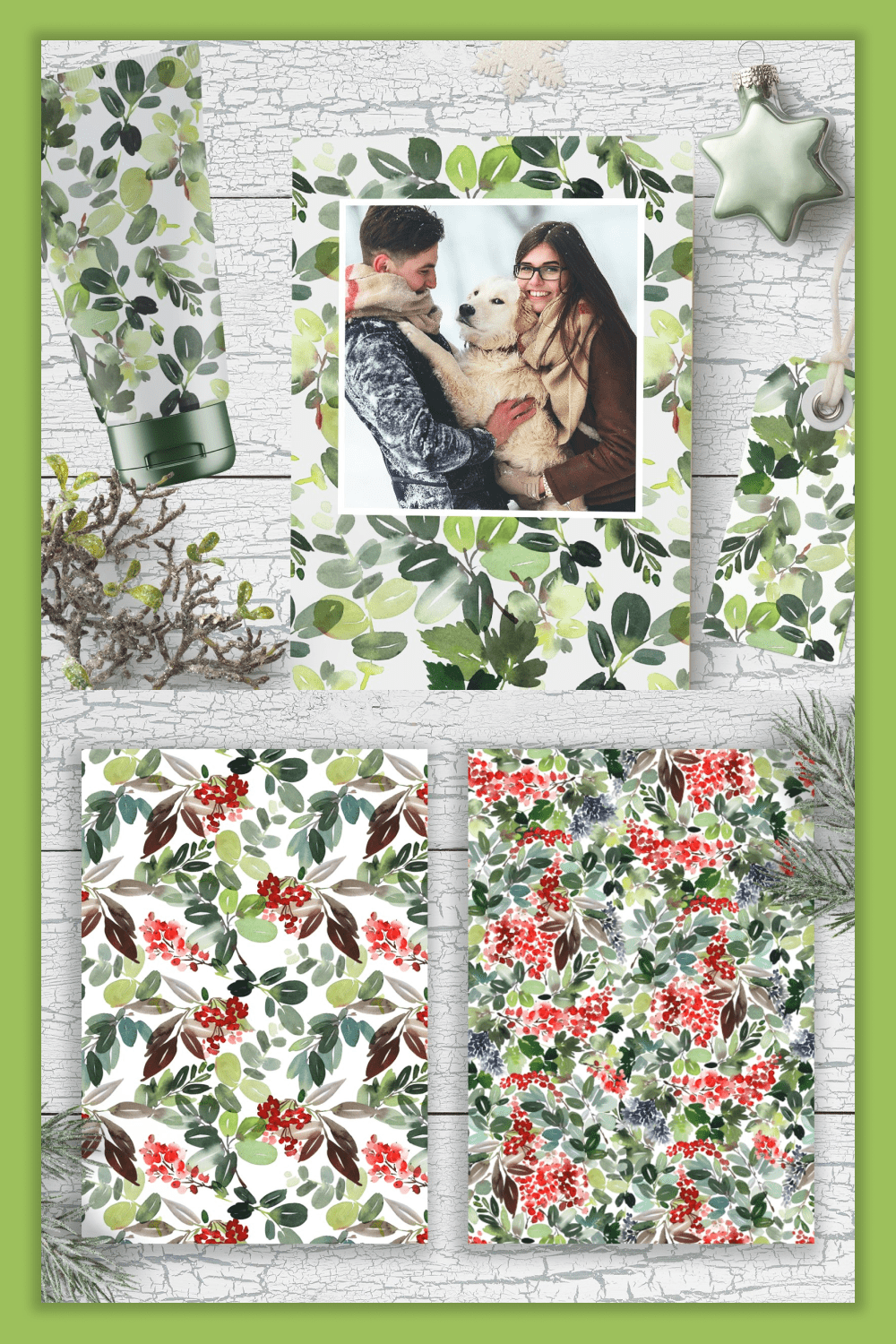 Collage with drawn intertwined twigs with red berries on the covers.