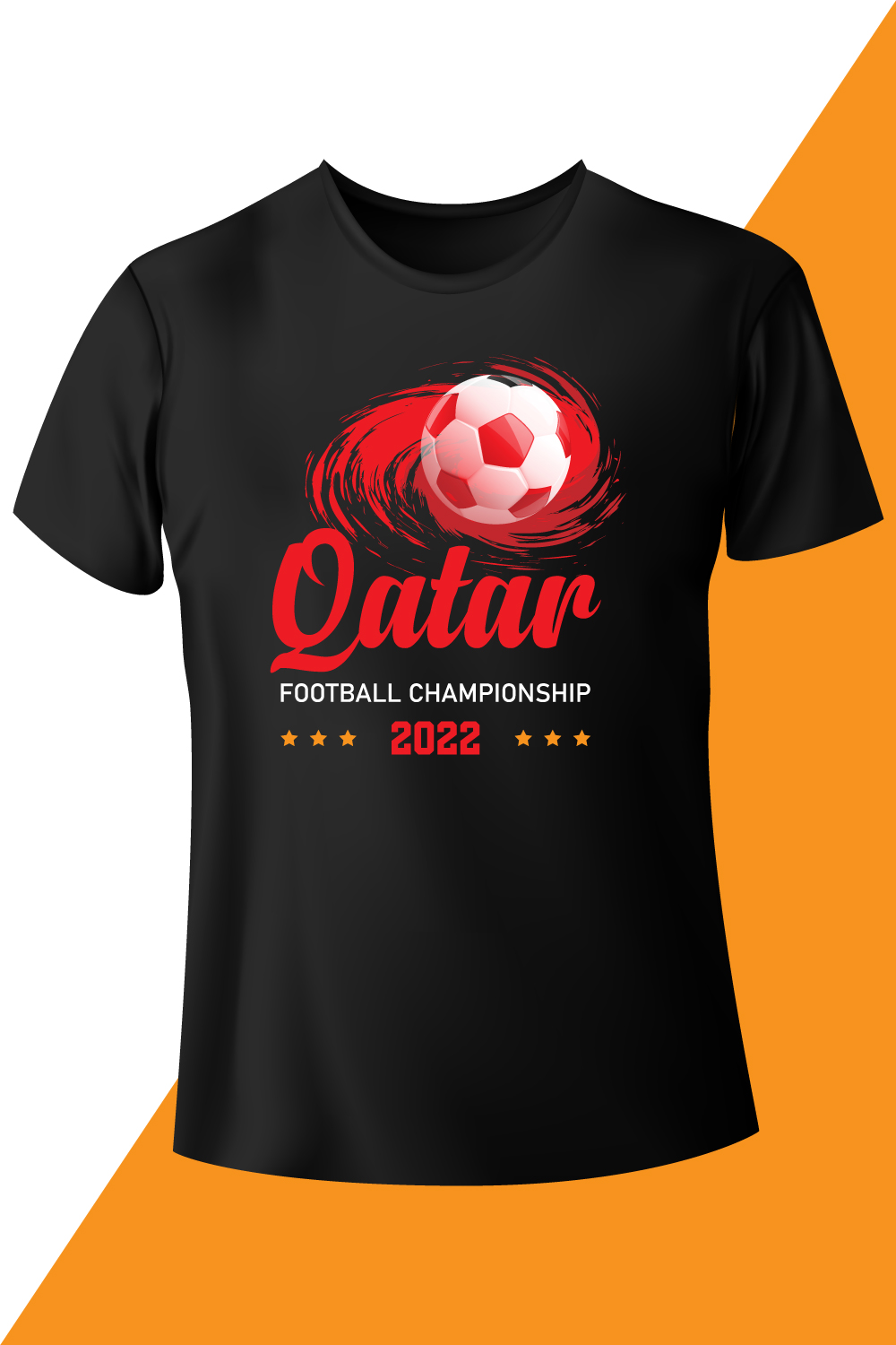 Image of a black T-shirt with a beautiful print on the theme of the World Cup in Qatar.