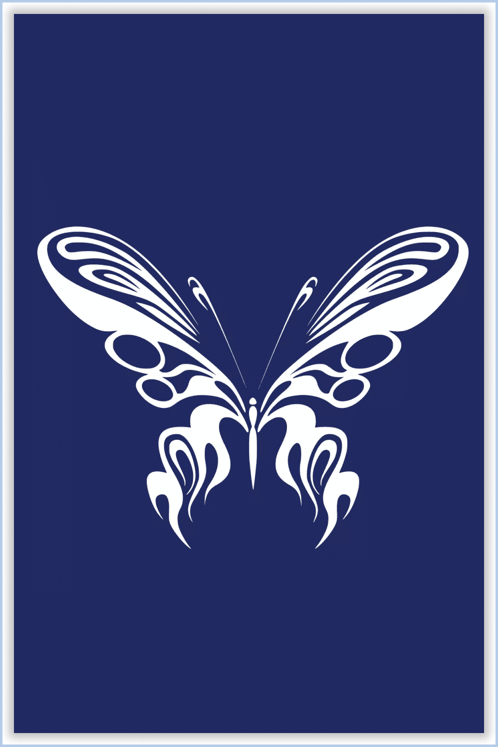 White silhouette of a butterfly with long whiskers on a blue background.