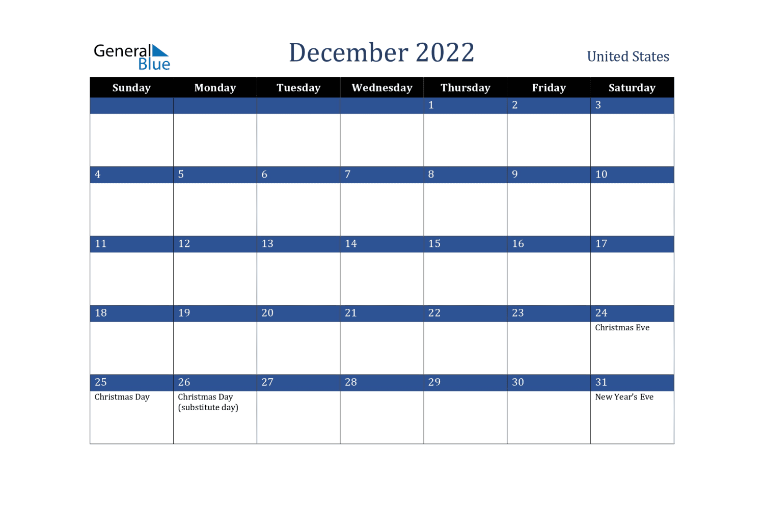 December calendar in blue and white with holidays.