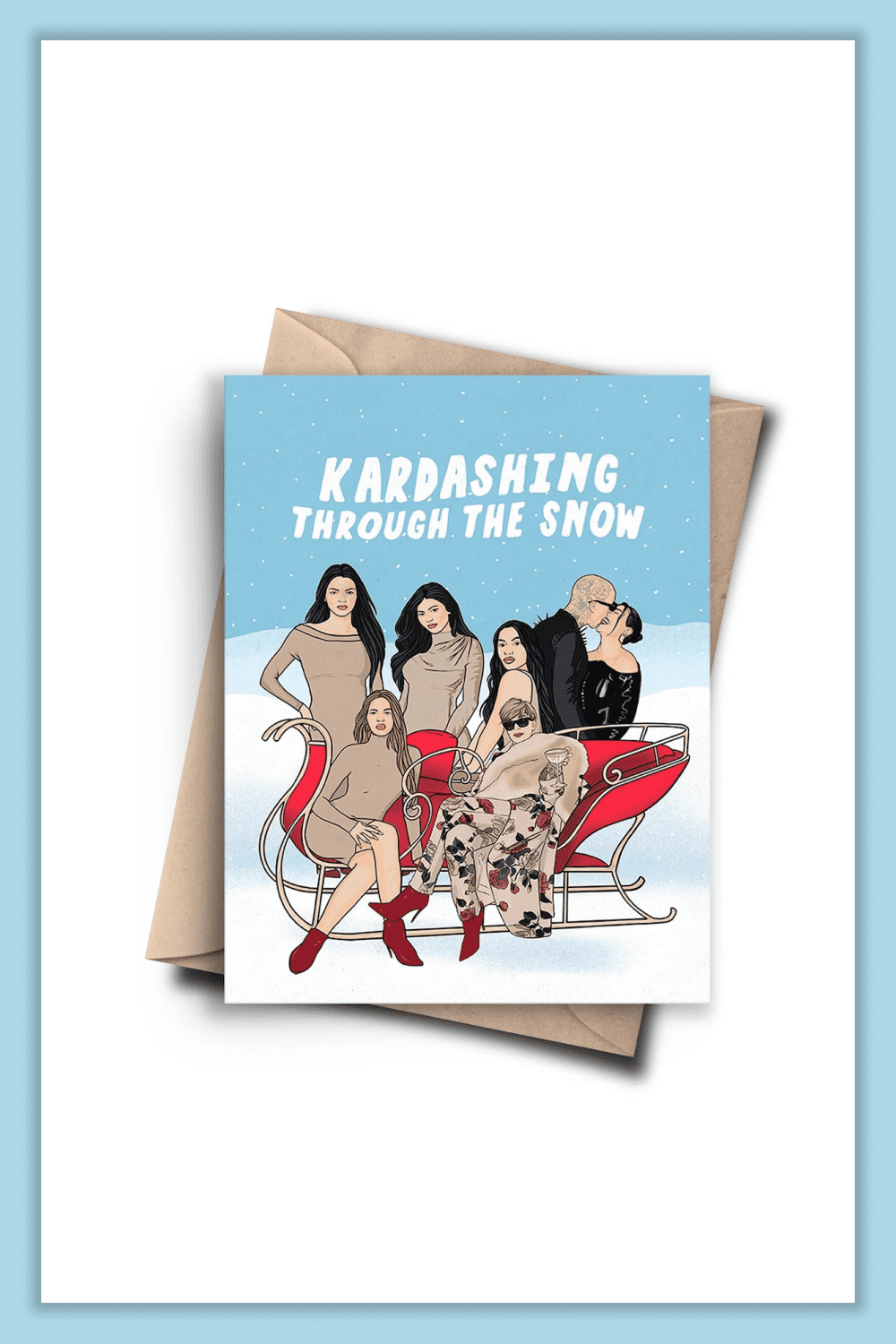 Postcard with a funny image of the Kardashian family on a red sleigh.