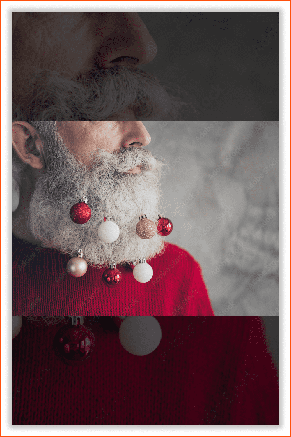 Photo of a stylish man with red and golden baubles in his beard. .