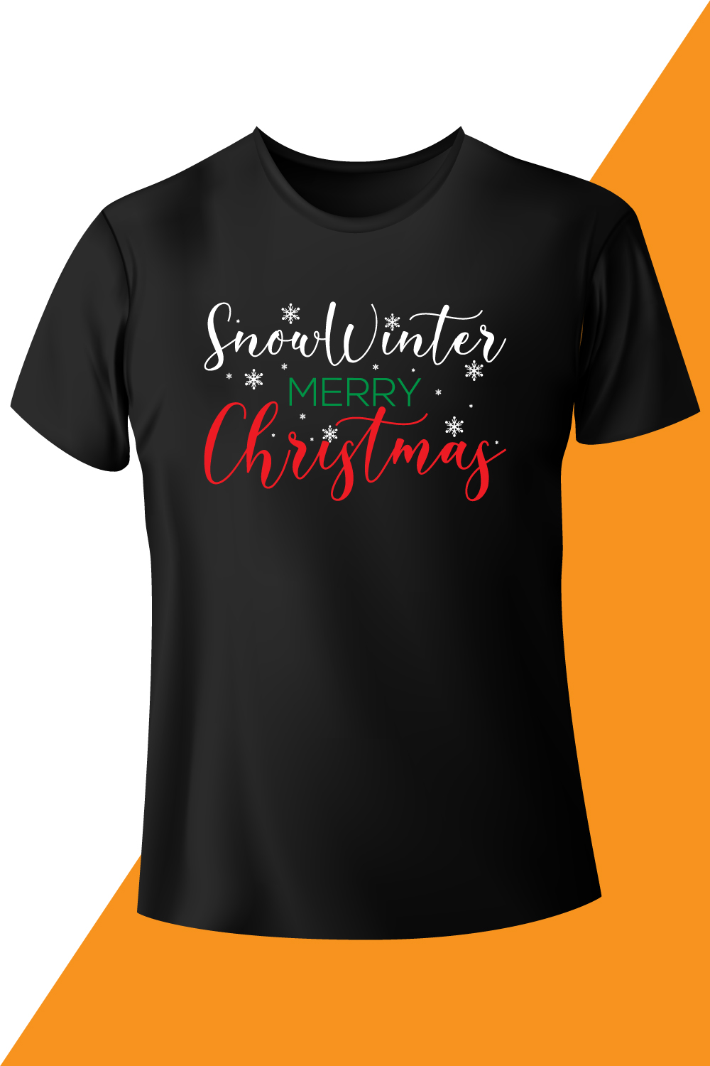 Image of black T-shirt with irresistible print snow winter merry christmas.