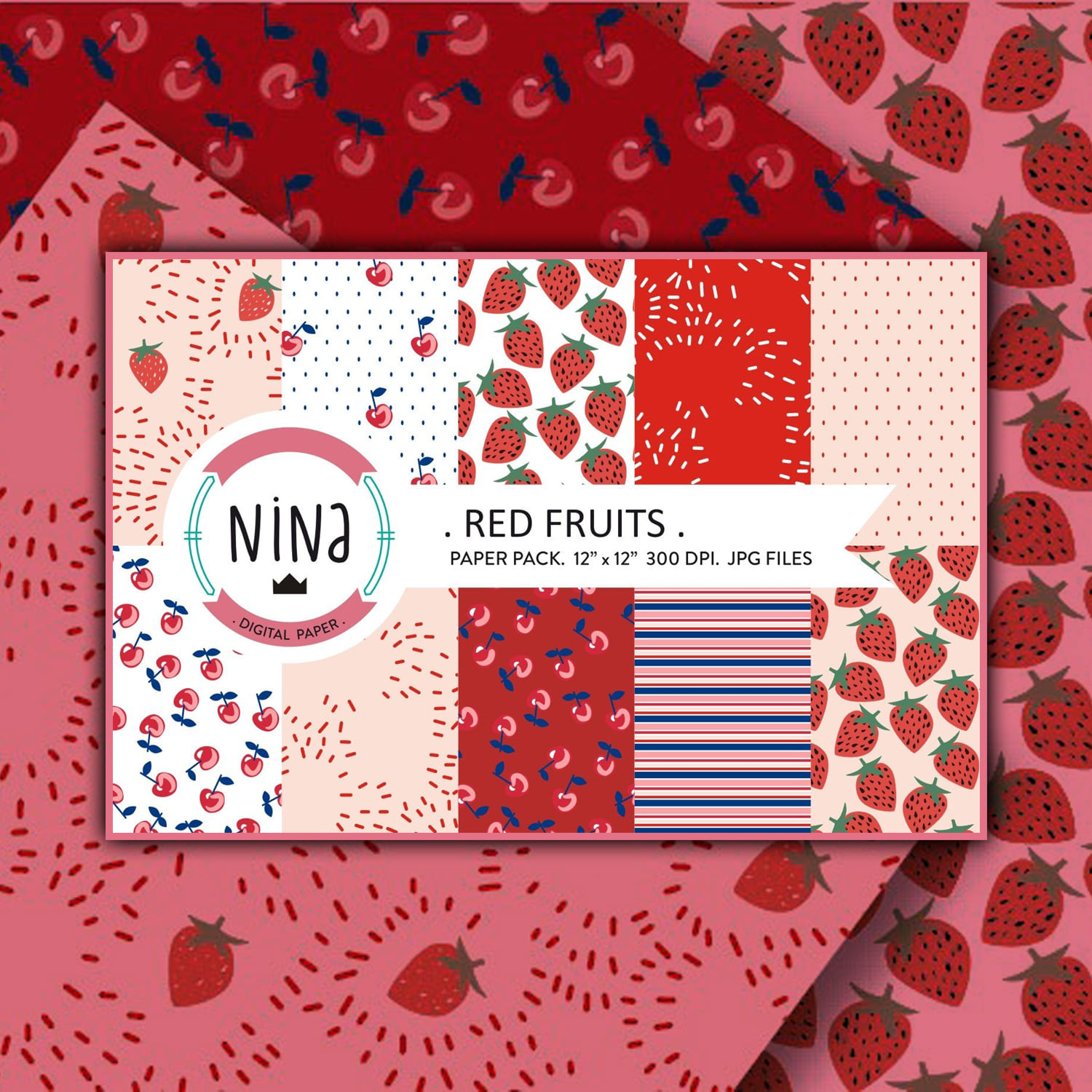 Red fruit Digital Paper Pack, strawberry print, red wrapping cover.
