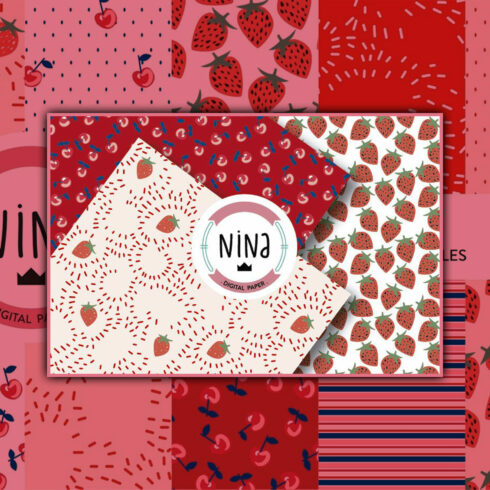 Red fruit Digital Paper Pack, strawberry print, red wrapping.