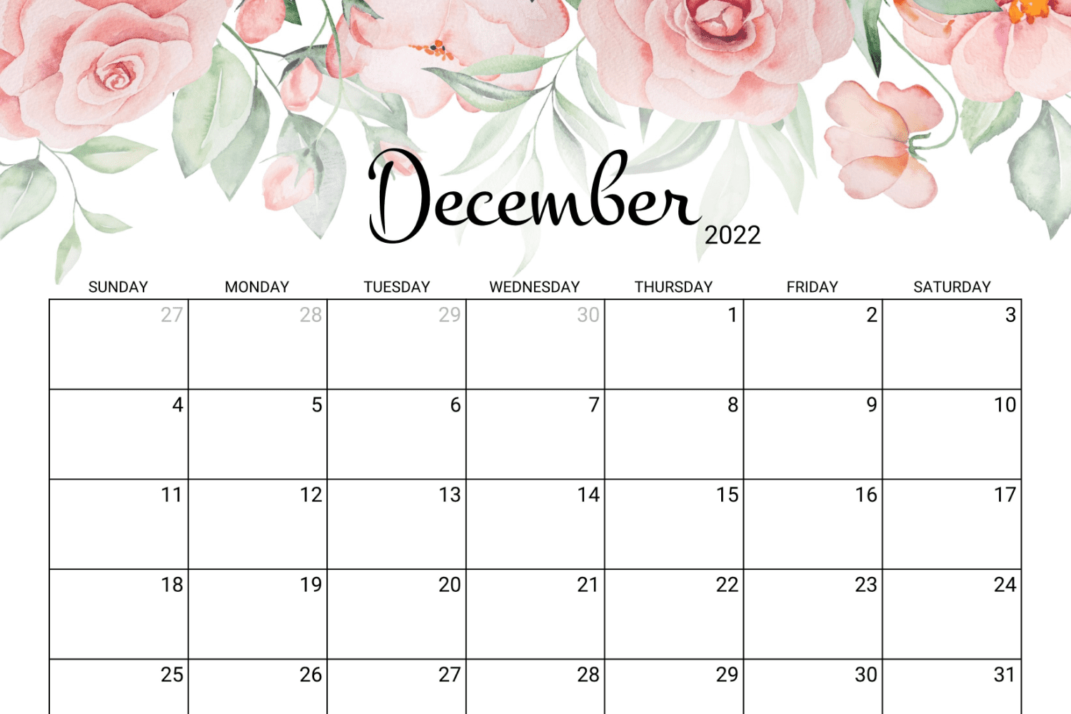 December calendar with roses at the top and holidays at the bottom.
