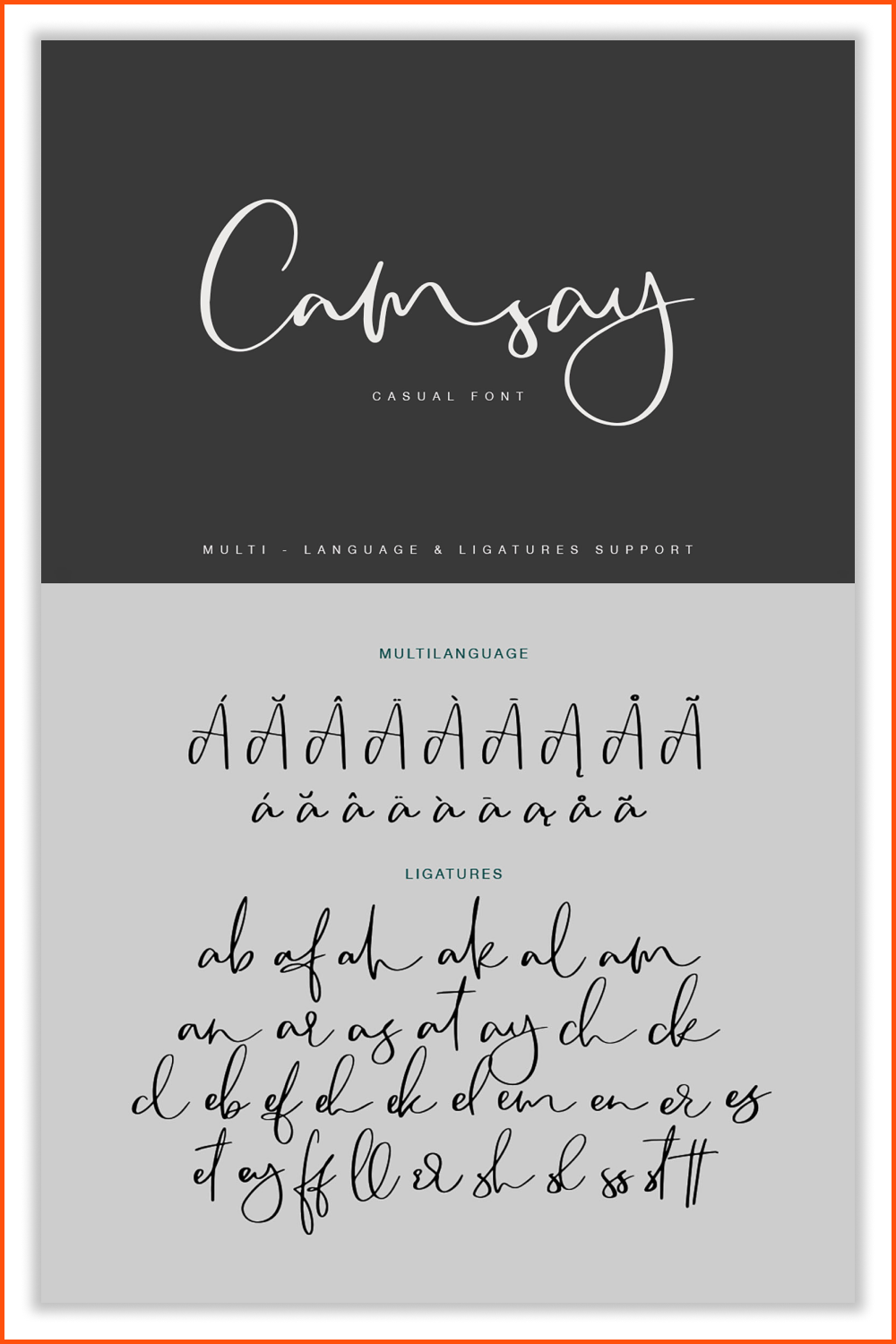 Camsay Script Font alphabet and usage example on gray background.