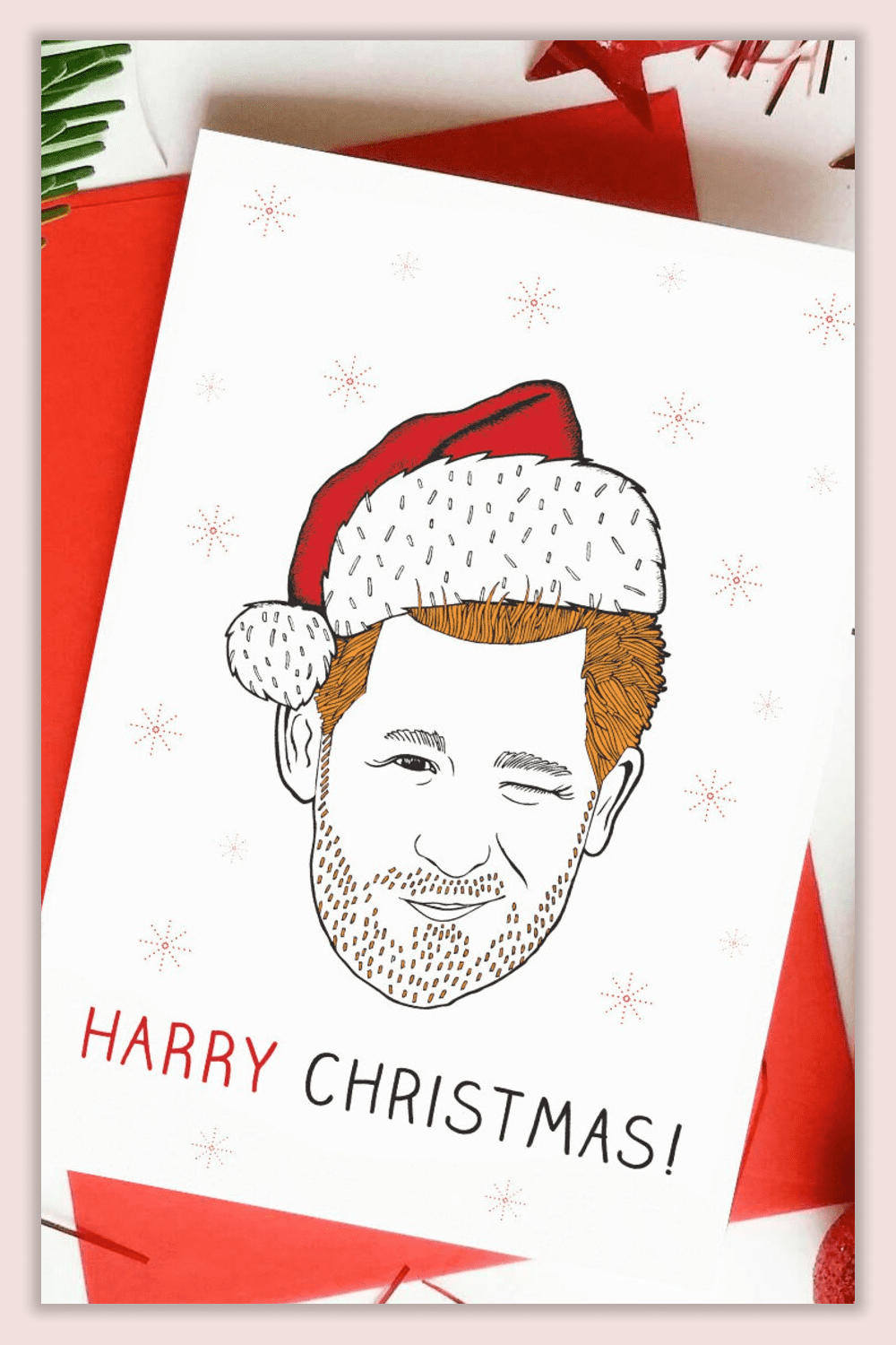 A card with a drawn winking Prince Harry in a Santa hat.