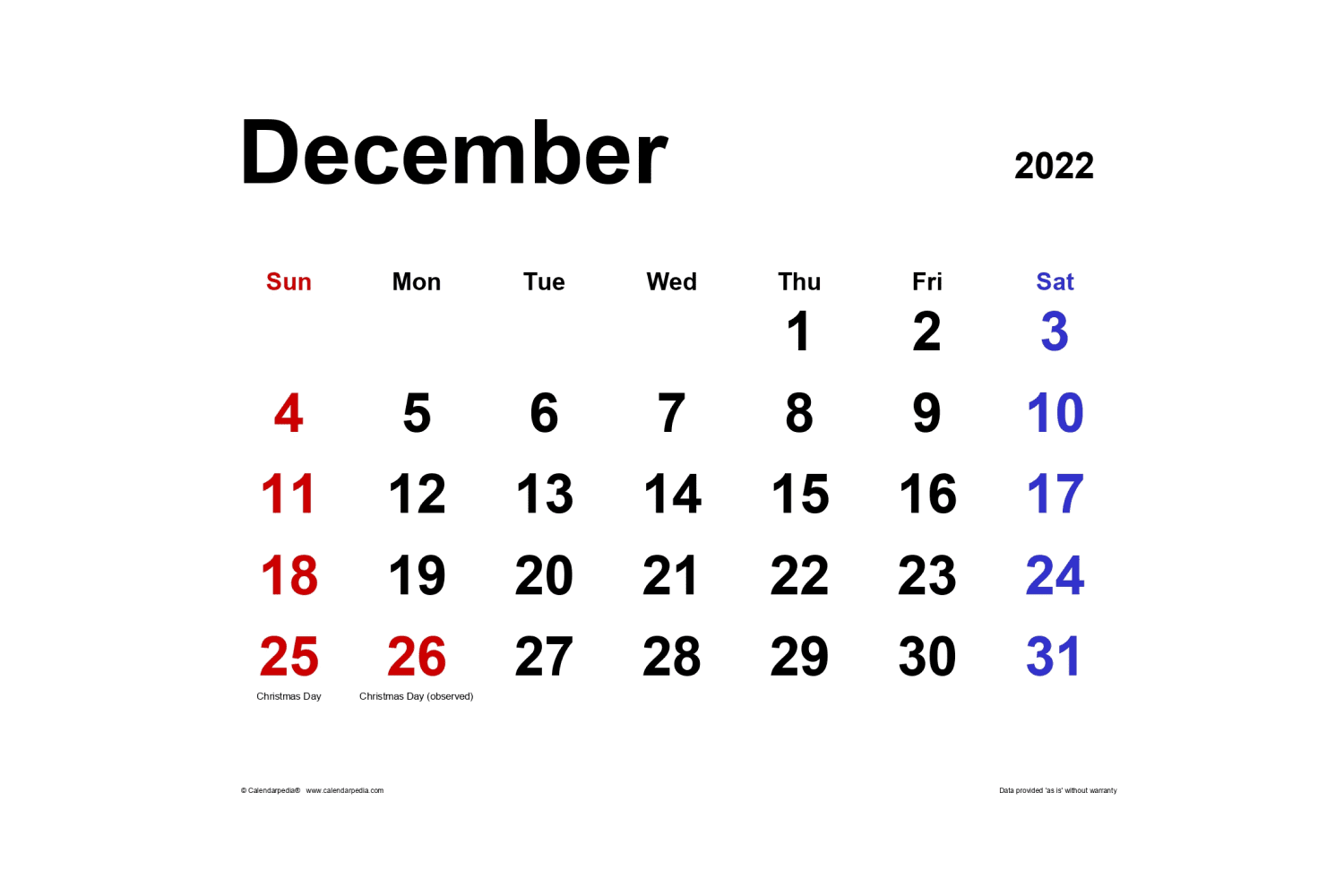 December calendar with black, red and blue dates.