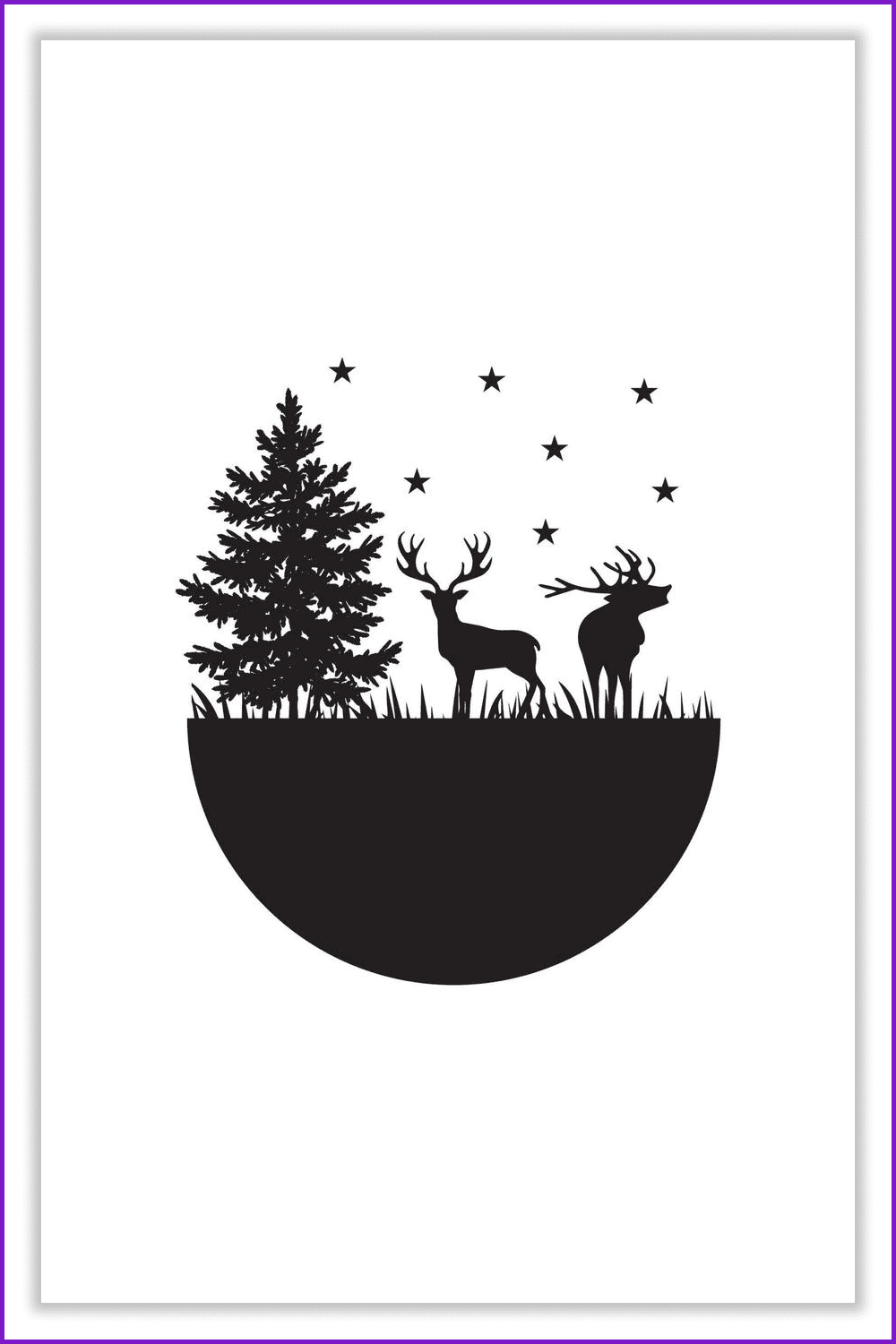 Black silhouettes of two deer and spruce on a white background.
