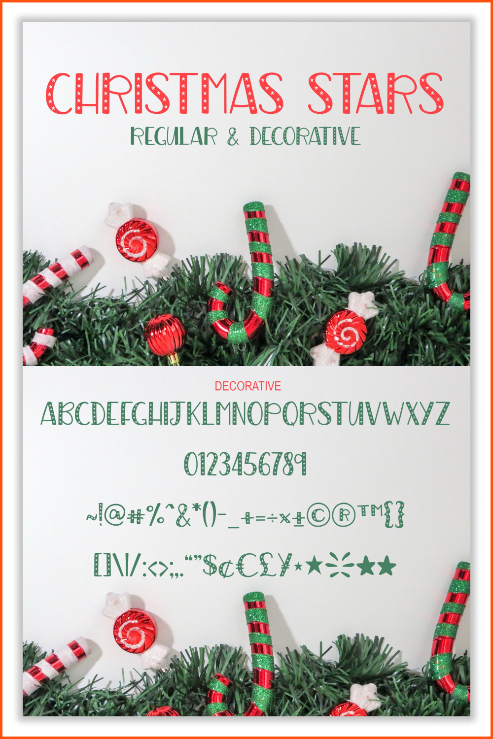 Red and green text on the background of Christmas tree branches and colorful candies.