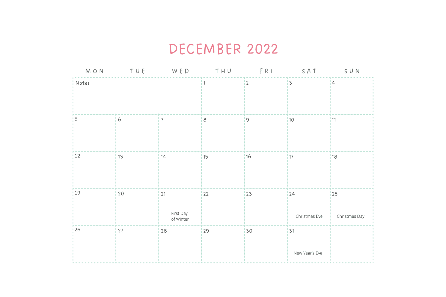 December calendar with dotted lines between dates.