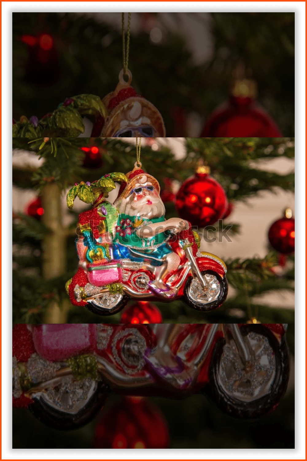 Photo of a Christmas toy in the shape of Santa Claus in summer clothes on a motorcycle.