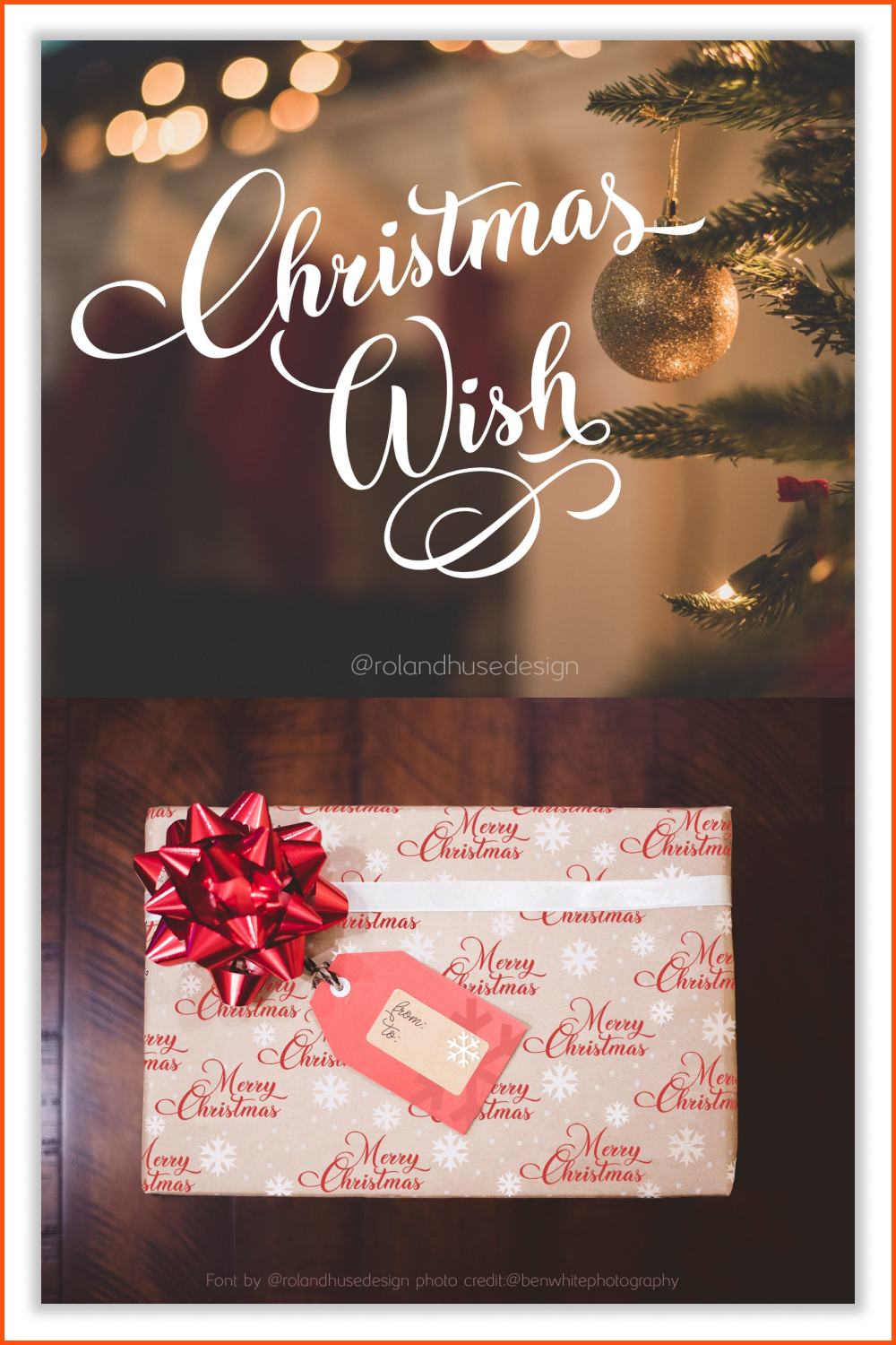 Collage of pictures with white text on the background of a decorated Christmas tree and a gift with a red bow.