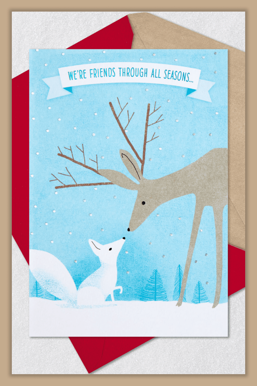 Cute Christmas card with deer and fox with motivate sign.