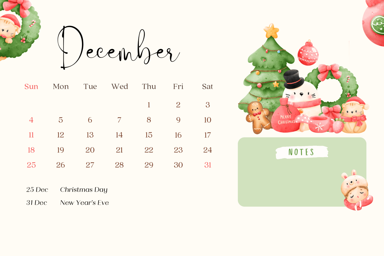 December calendar with space for notes and cute christmas elements.