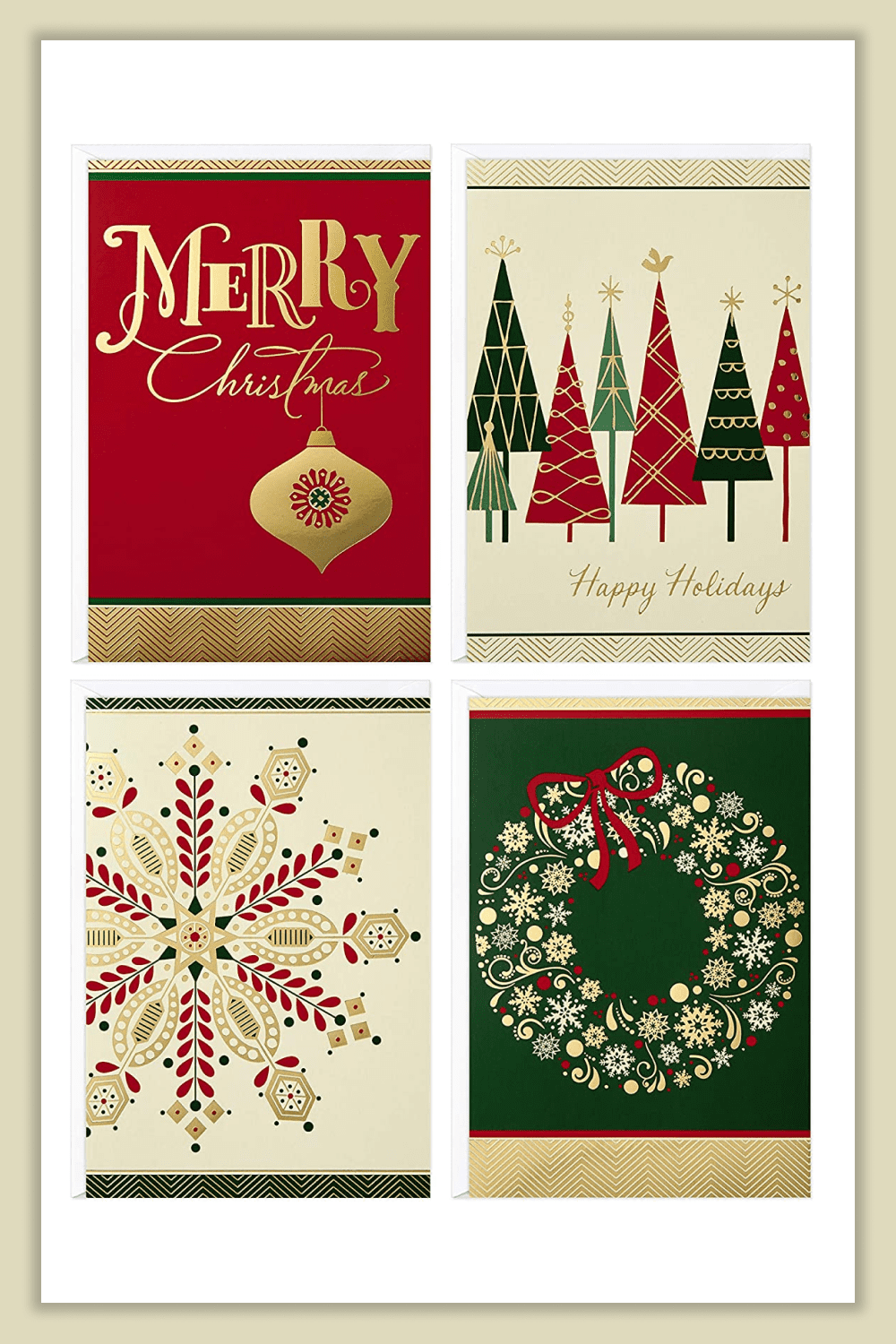 Collage of cards with Christmas trees, wishes, a wreath and snowflakes on a Christmas theme.