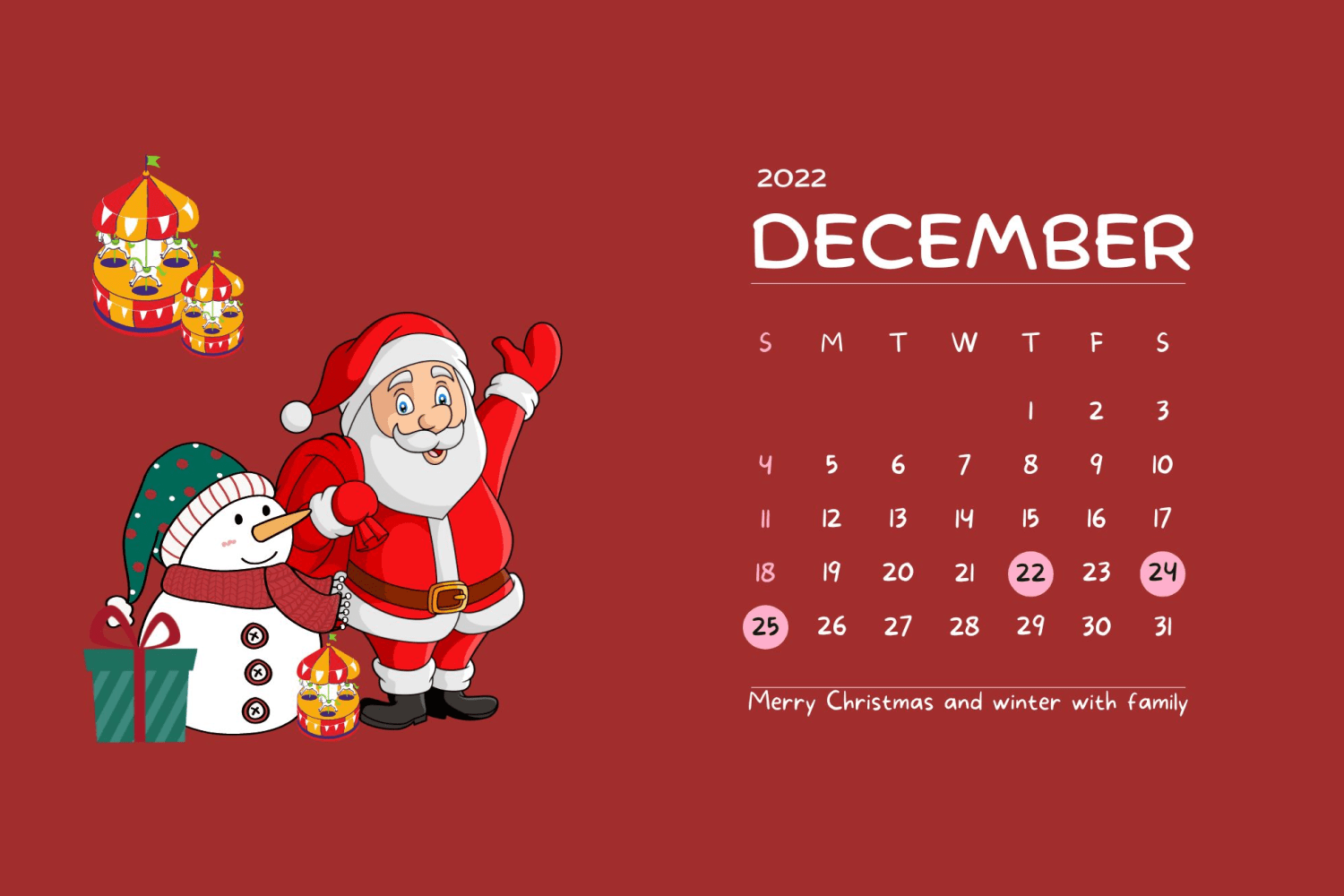 December calendar with drawn Santa Claus and snowman on red background.