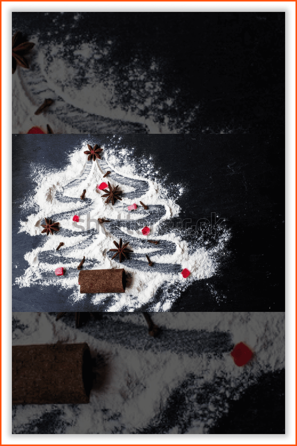 Photo of a tree shape in the flour with cinnamon, candied fruits, and star anise.