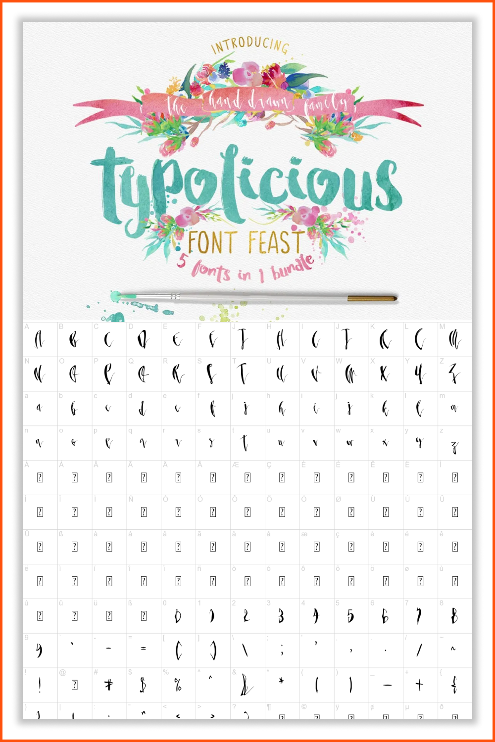Typolicious Font alphabet on white background and with flowers.