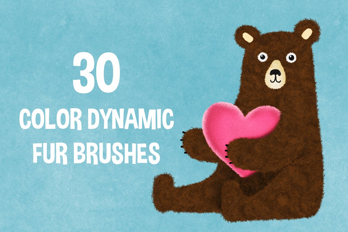 Brown bear illustration with pink heart and white lettering "30 color dynamic for brushes" on a light blue background.