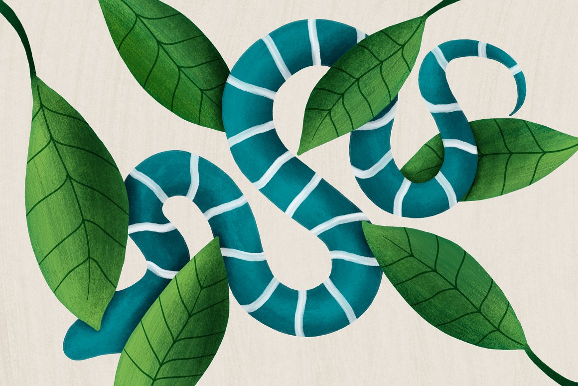 Drawing of a blue snake and leaves with gouache brushes.