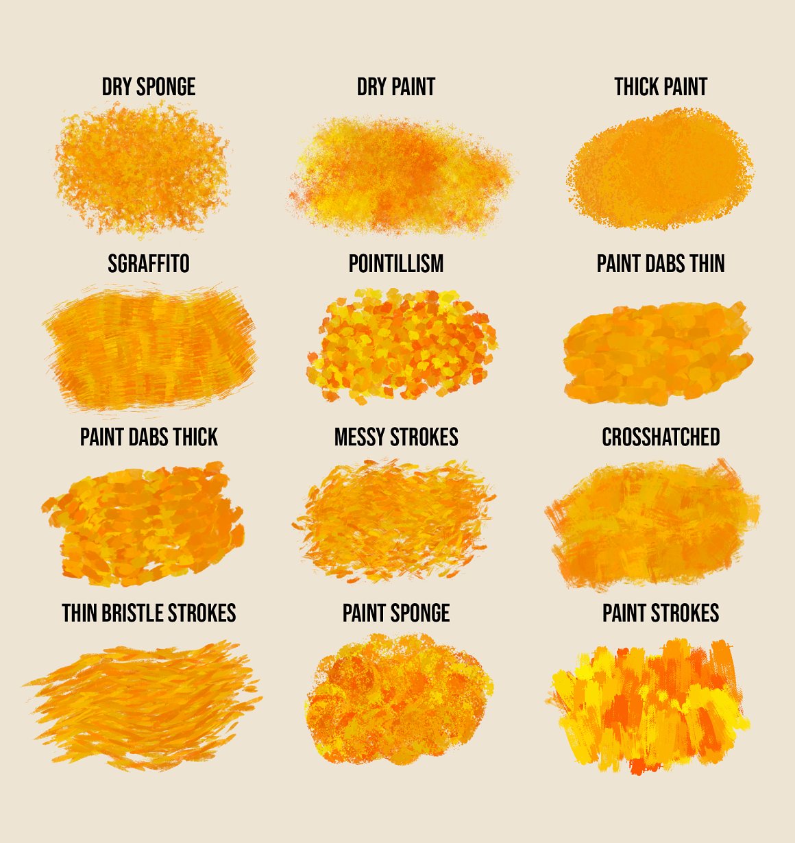 A set of 12 different orange impressionism brushes.