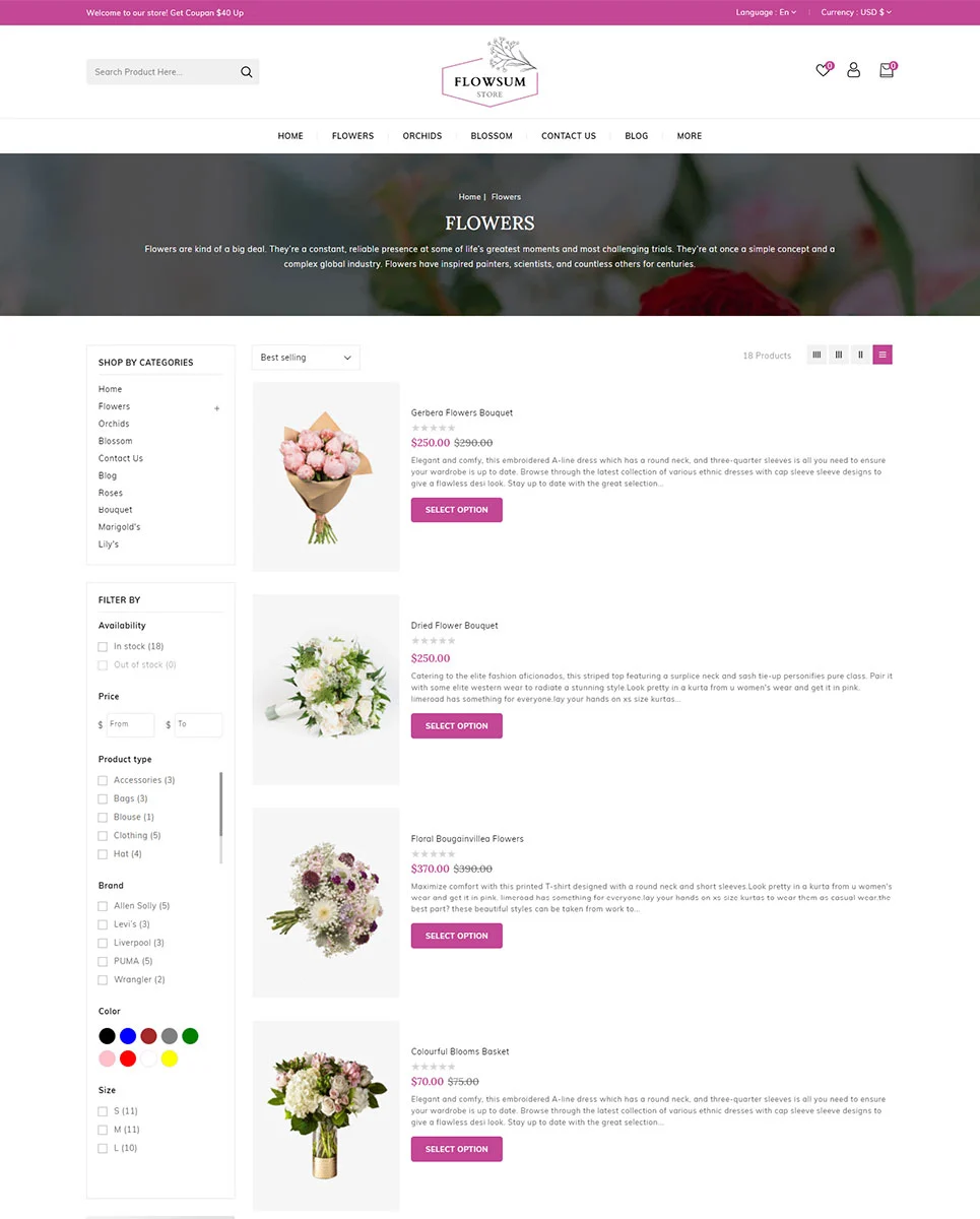 An example of different products as a list for web version flowers store with images of flowers.