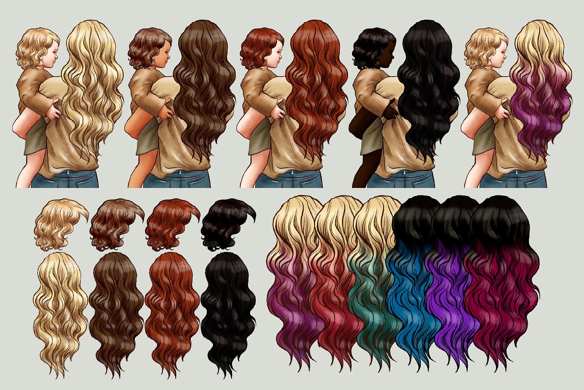 A set of different hairstyles and 5 illustrations of mom and baby with different hair colors.