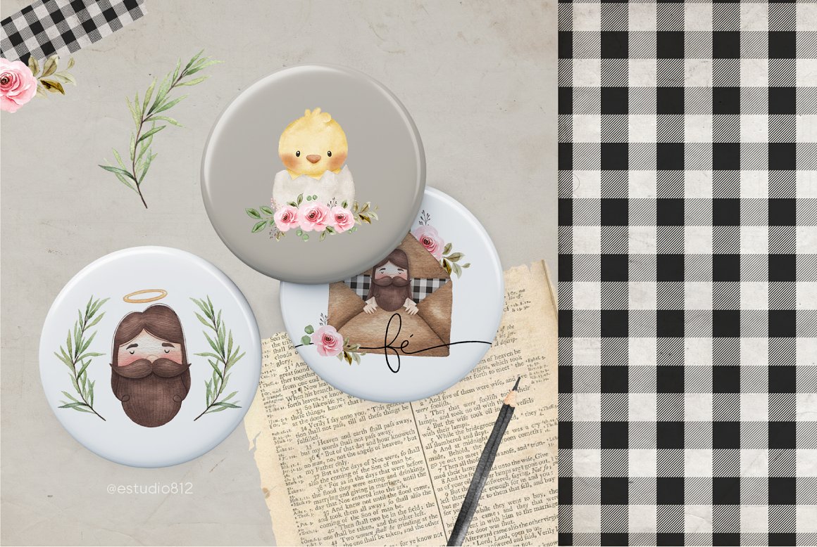 A set of 3 round badges - 2 light blue with watercolor illustration of a Jesus and a gray with watercolor illustration of a chicken on a gray background.