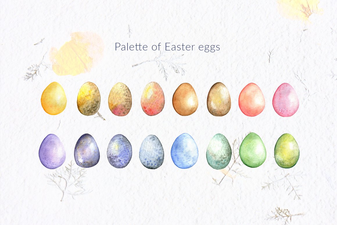 A set of colorful palette of 16 different easter eggs on a gray background.