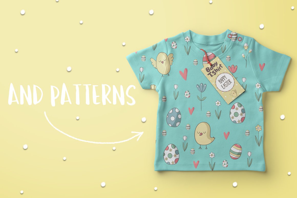 White lettering "Add patterns" and blue baby t-shirt with different easter illustrations on a yellow background.