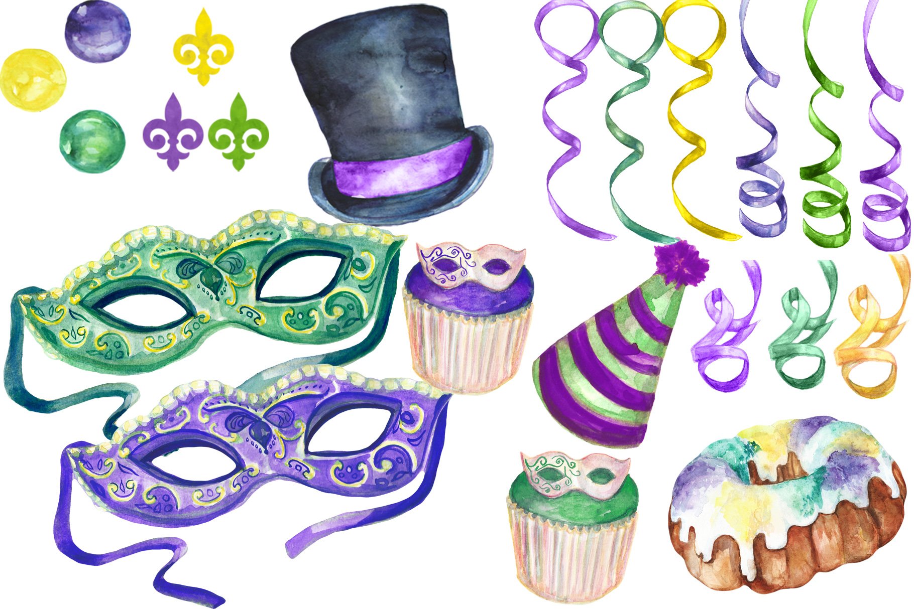Lilac masks, confetti and other festive items.