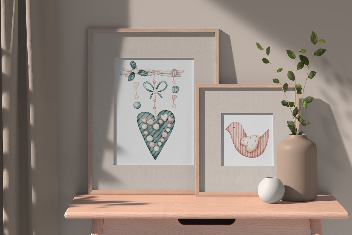 2 paintings with watercolor illustrations in wooden frames.