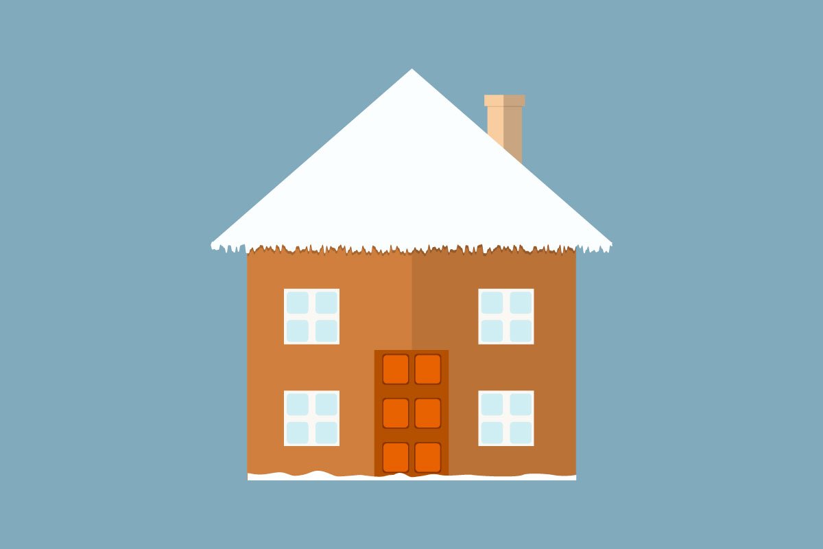 Small brown house with snow.