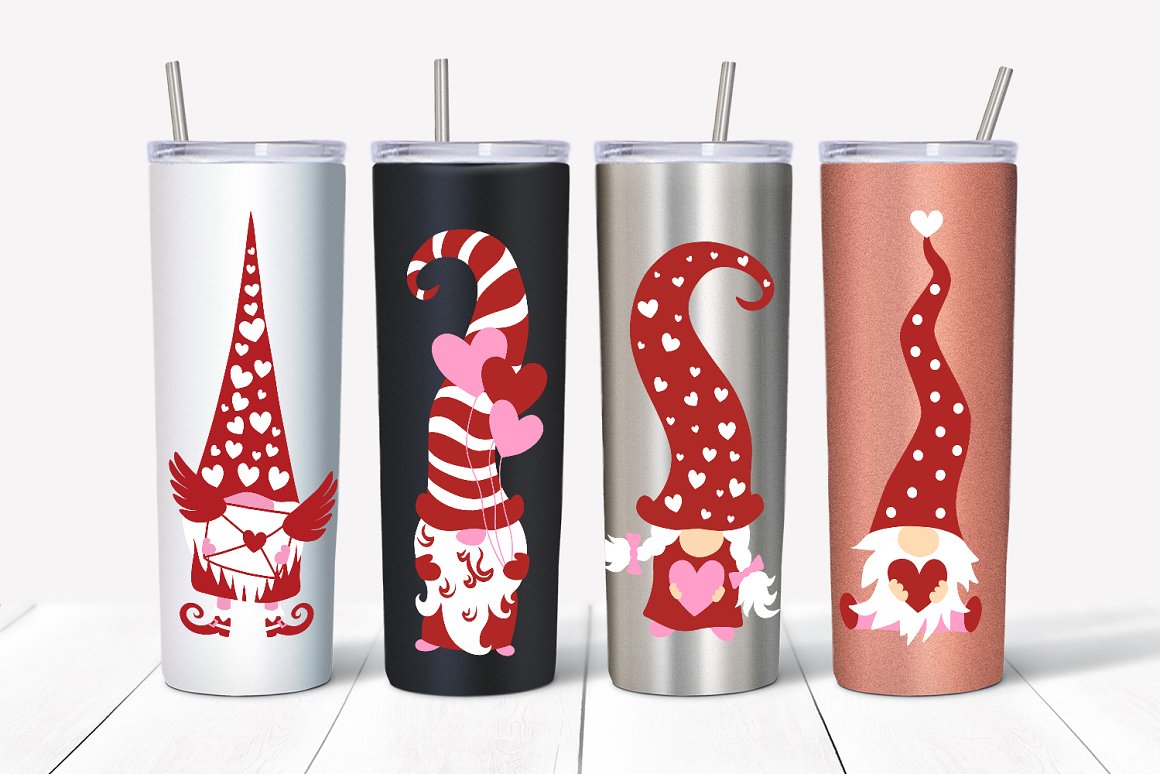 A set of 4 different glass with a straw with illustrations of a valentine's gnome.