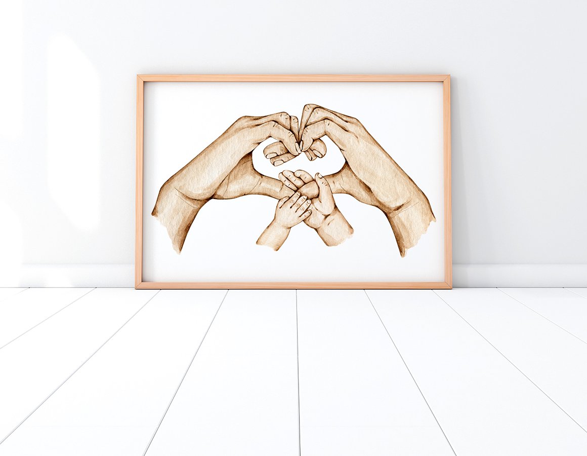 Painting with heart mother and 2 kids hands in wooden frame.