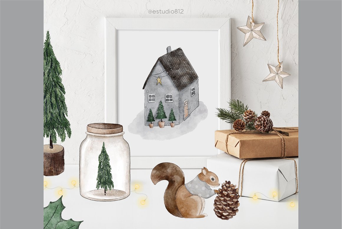 A painting with a watercolor christmas illustration and 2 craft boxes.