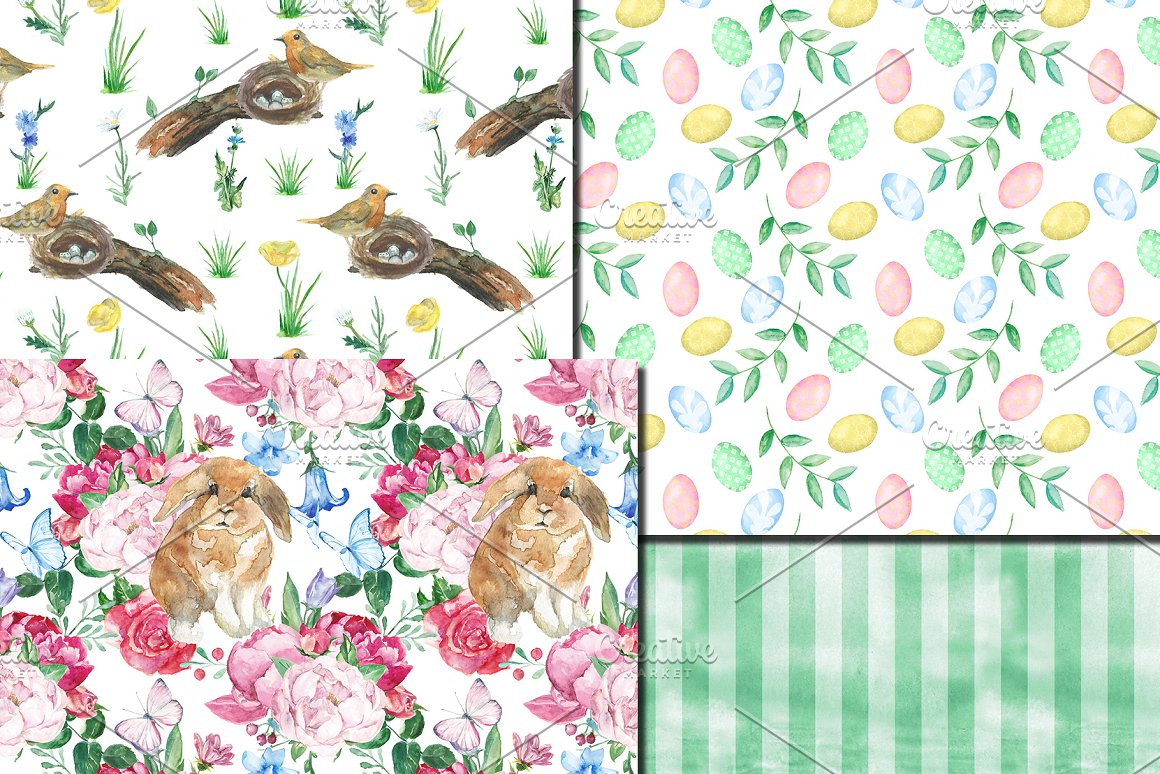 A set of 4 different pink, white, blue and green easter seamless patterns with birds, eggs and green lines.