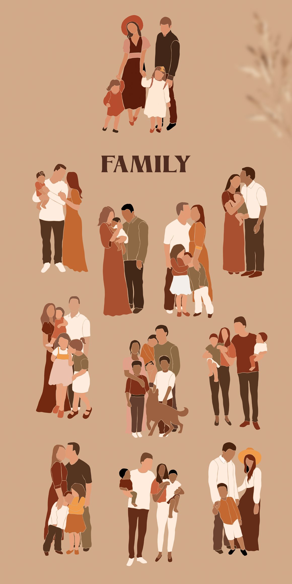 11 family illustrations in warm colors.