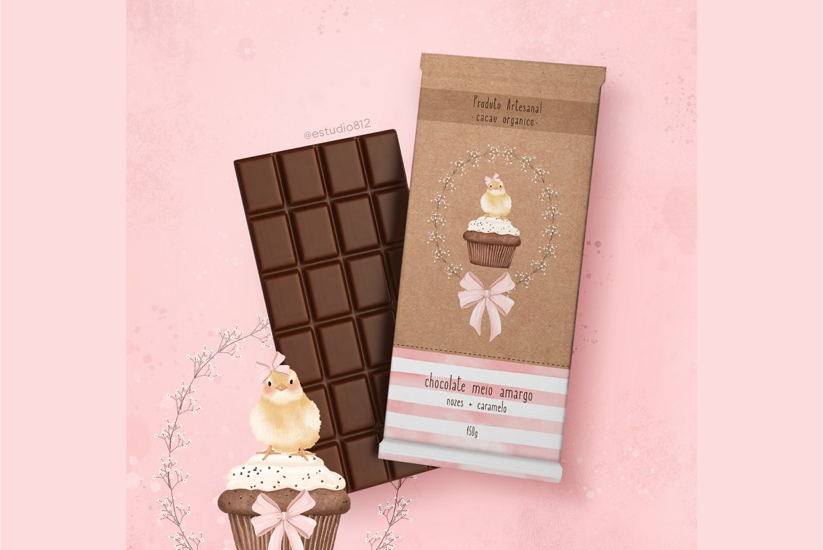 Chocolate bar and craft wrapping paper for it with illustration chicken and cupcake.