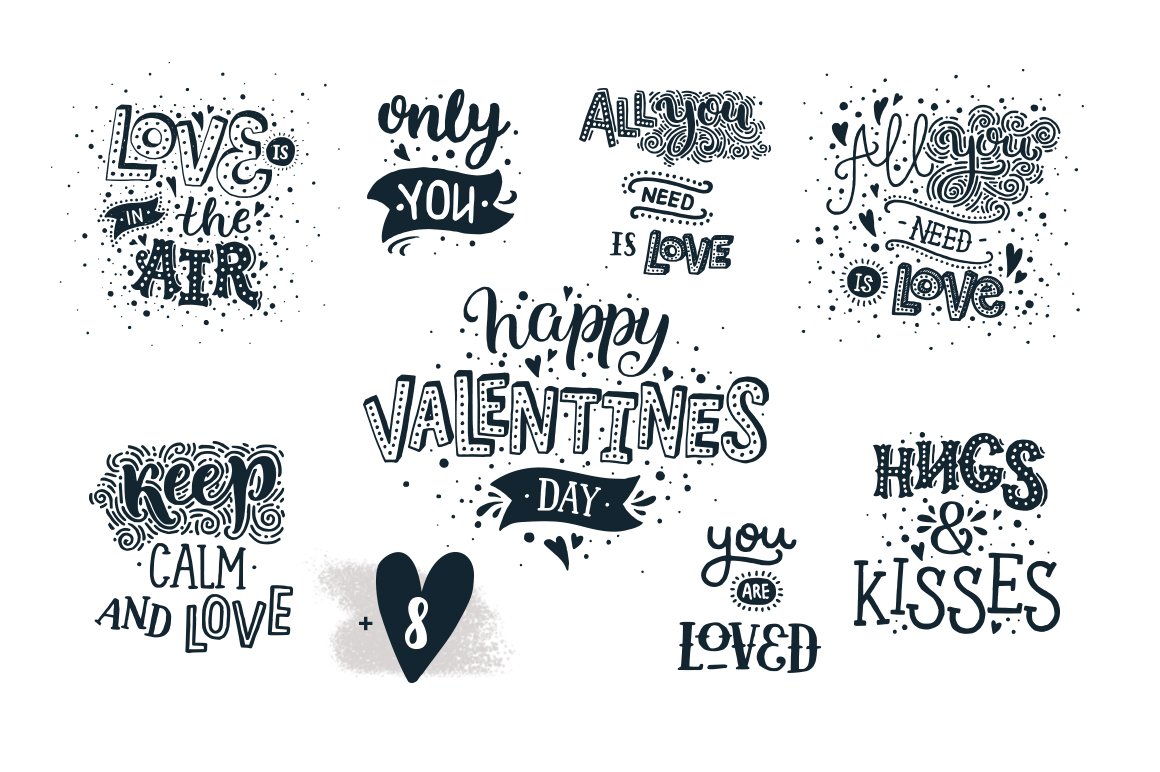 Set of 8 different black romantic quotes on a white background.