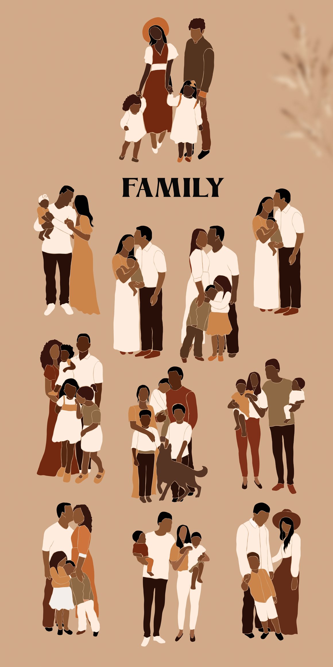 Brown and white 11 illustrations of family.