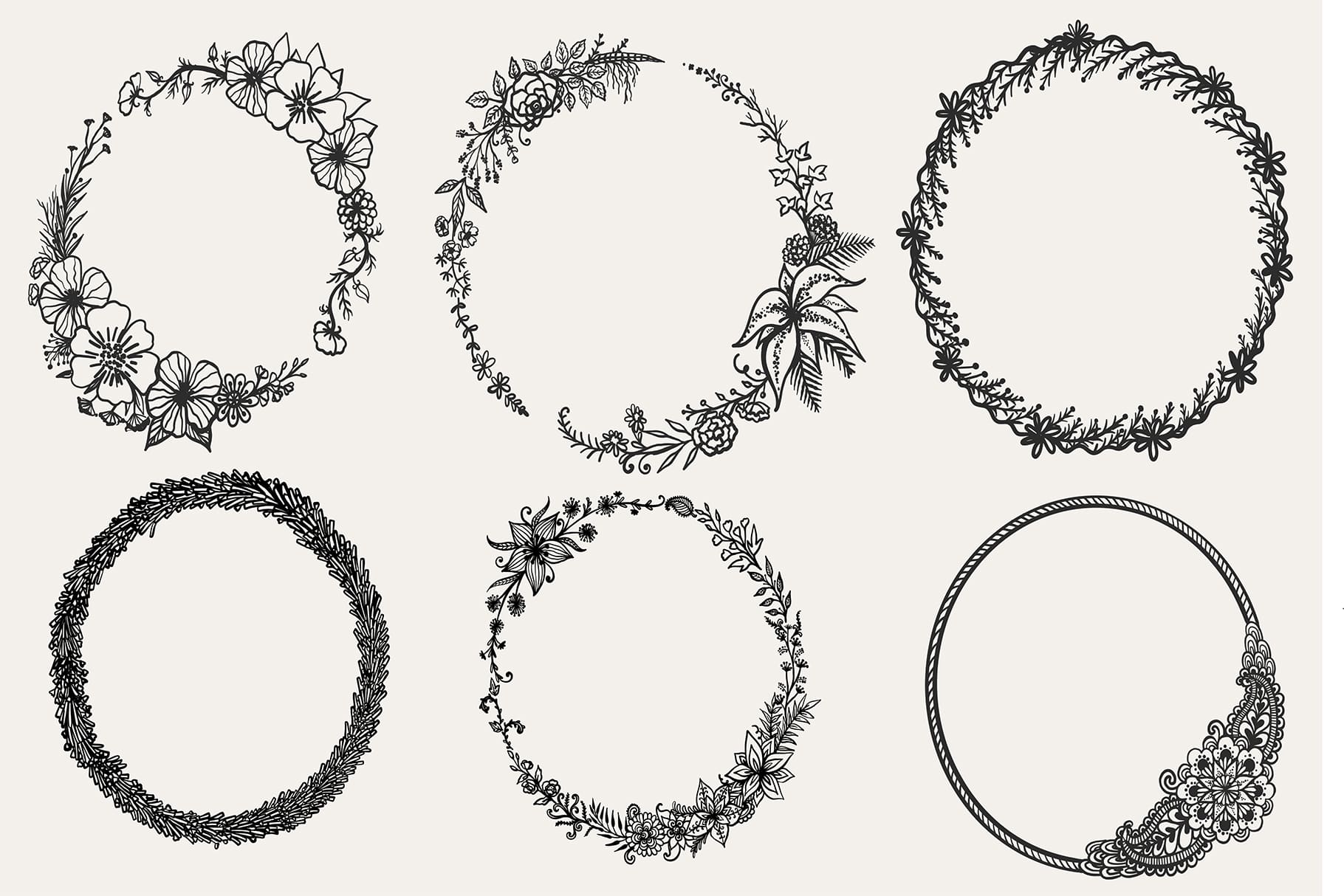 6 different hand drawn wreaths on a gray background.