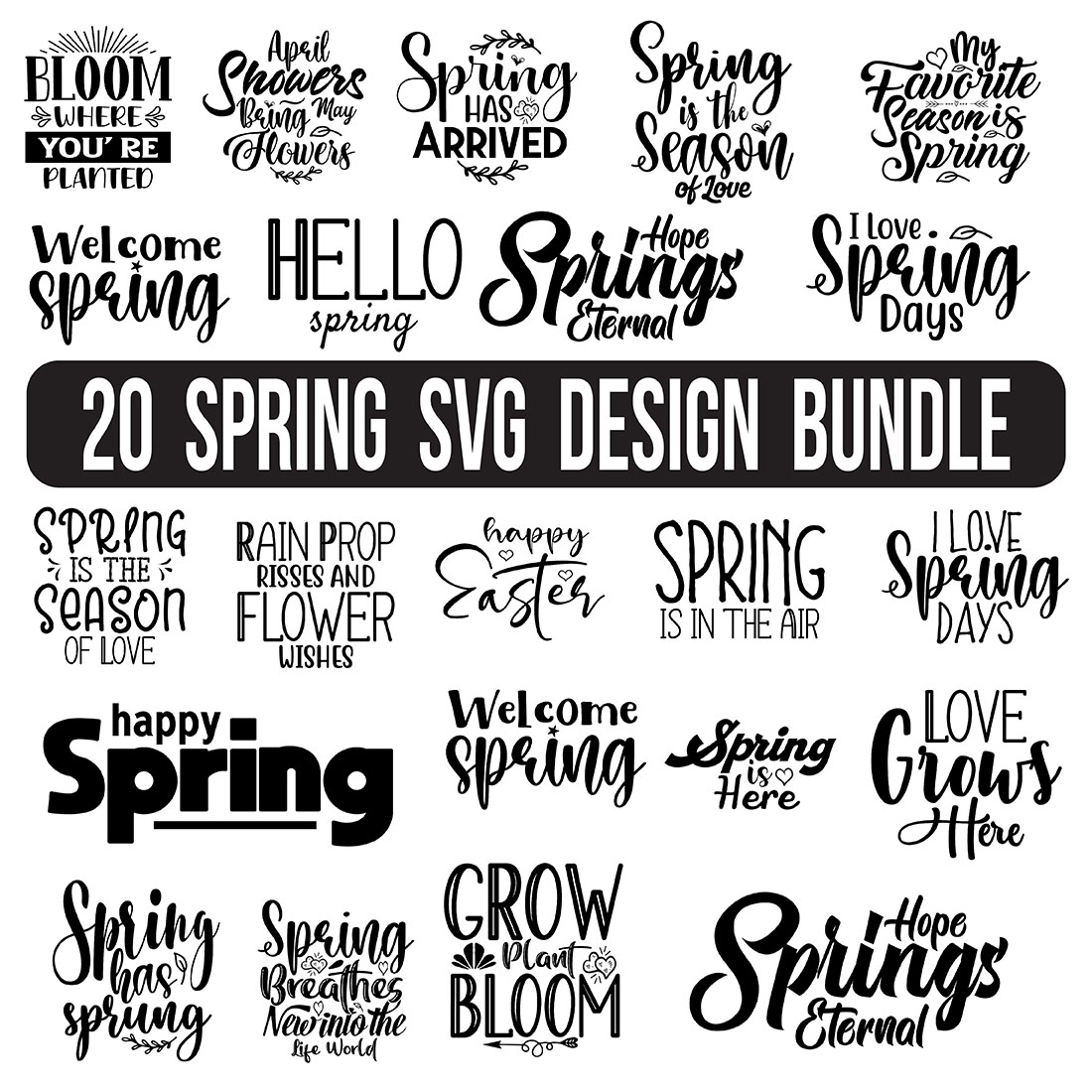 Bundle of irresistible black images for prints on the theme of spring.